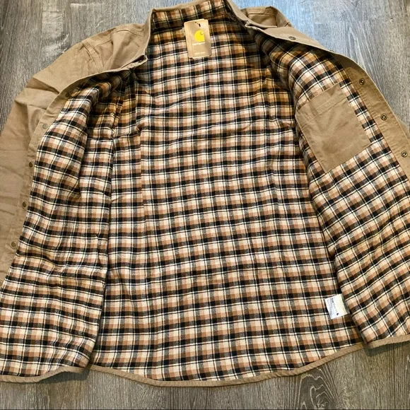 Carhartt Men’s Canvas Shirt Jacket Flannel Lined Long Sleeve Tan Tall Large - Picture 10 of 15